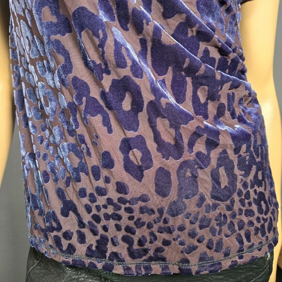 Y2K Blue Leopard Flocked Velvet Burnout Sheer Mesh Top Size M V Neck - Picture 3 of 11